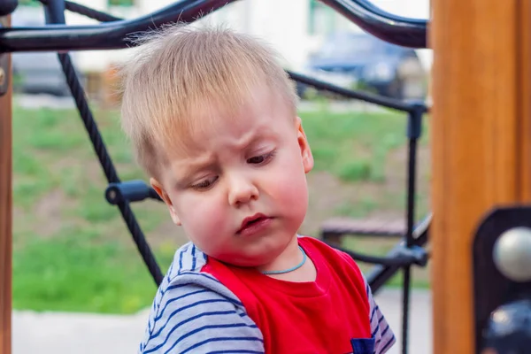 Ein Kleiner Junge Spielt Leidenschaftlich Auf Dem Spielplatz Erfolg Kluge — Stockfoto