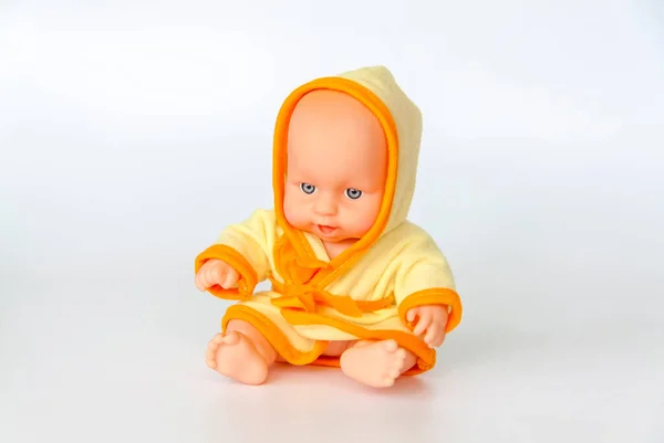 Toy Baby Bright Dressing Gown Doll White Background Toy Children — Stock Photo, Image