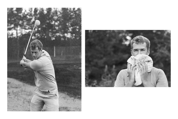 Schwarz Weiß Collage Aus Zwei Fotos Mit Jungen Attraktiven Golfspielern — Stockfoto