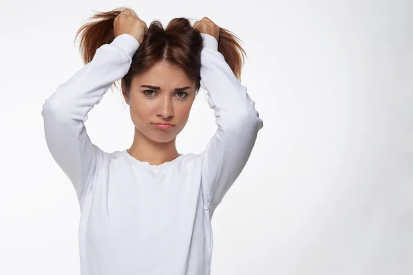 Retrato Adolescente Divertida Juguetona Con Camisa Azul Que Divierte Interior — Foto de Stock