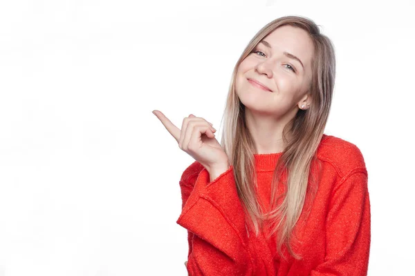 Mujer Rubia Alegre Satisfecho Con Puntos Sonrisa Encantadora Esquina Superior —  Fotos de Stock