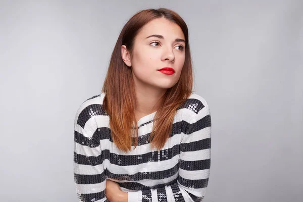 Scared Woman Notices Something Terrifying Aside Exhausted Female Trembles Feels — Stock Photo, Image