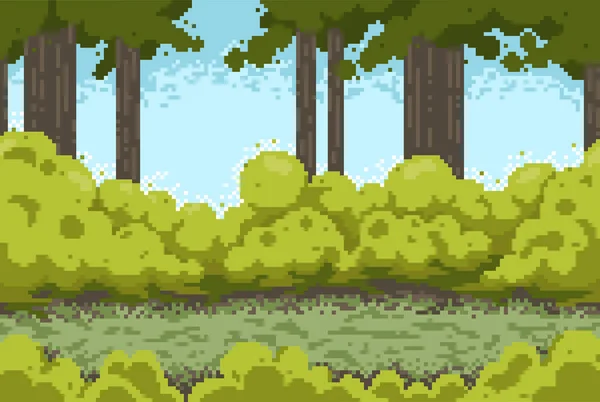 Pixel φόντου με δάση και θάμνους — Διανυσματικό Αρχείο