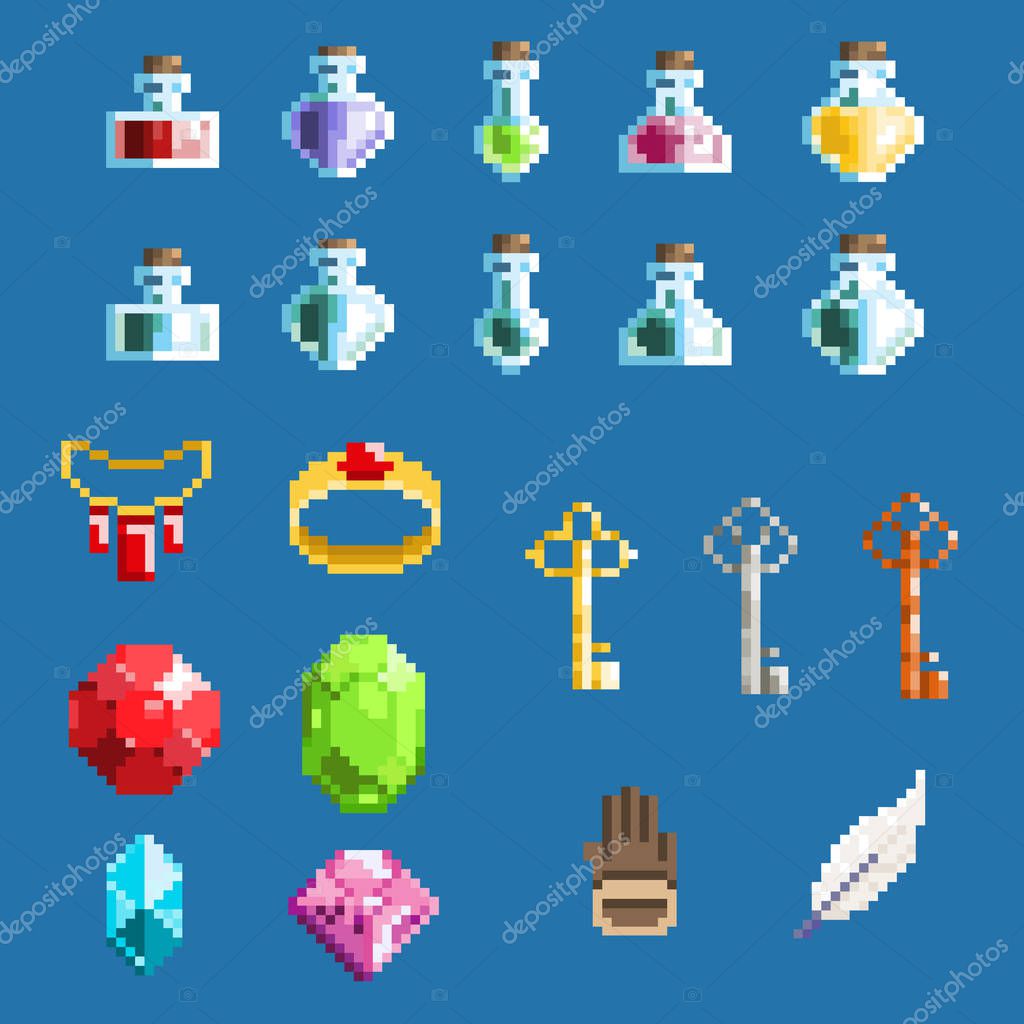 Set of pixel elements for games and mobile applications