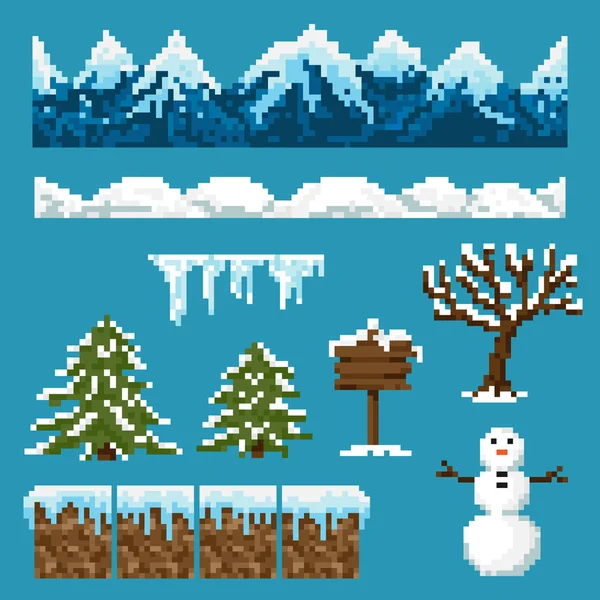 Una serie di elementi pixel per creare un paesaggio invernale — Vettoriale Stock