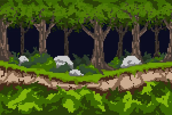 Fond pixel avec une forêt sombre, un sentier le long du ravin et des fourrés de buissons avec des pierres . — Image vectorielle