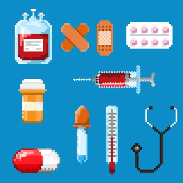 Un insieme di oggetti pixel associati alla medicina . — Vettoriale Stock