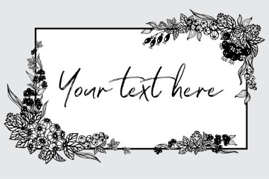 Siyah-beyaz grafik çilek ve yaprakları karesinin köşelerini yer almaktadır.