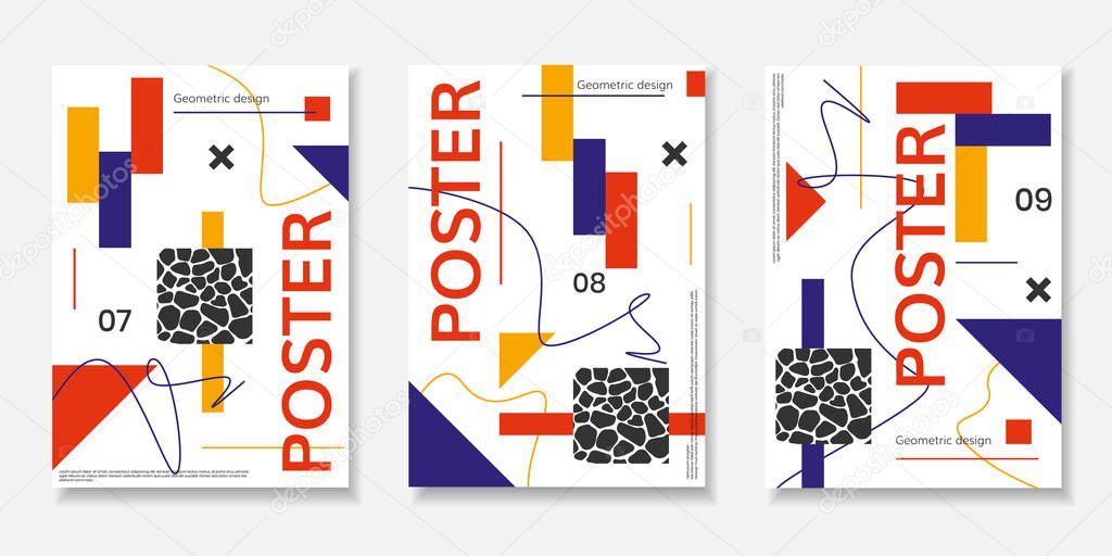 Covers templates set with abstract shapes, bauhaus, memphis and other graphic geometric elements. Applicable for placards, brochures, posters, covers and banners. Vector illustrations.