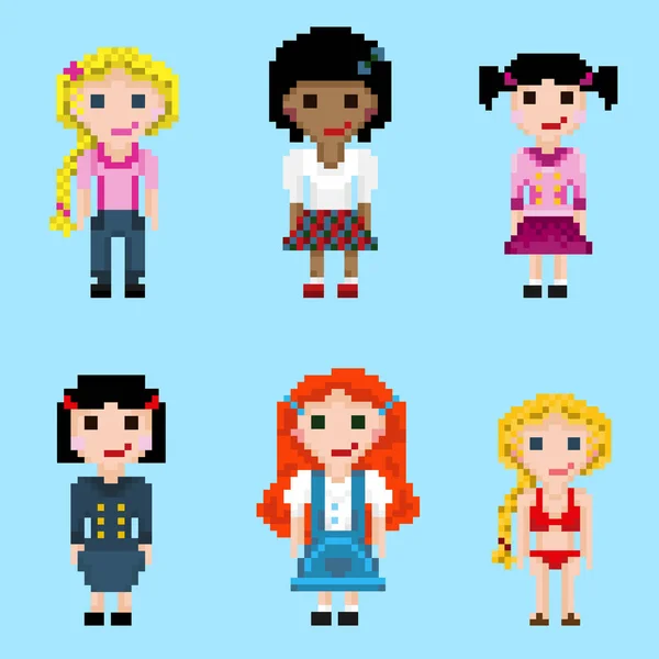 Набор пиксельных женских персонажей — стоковый вектор