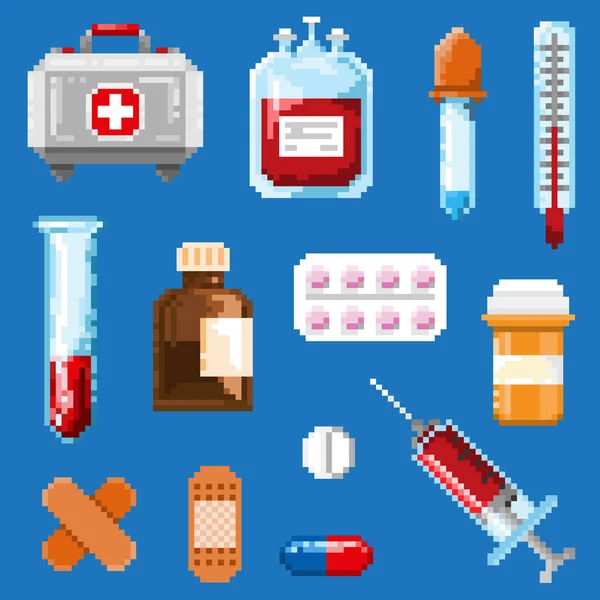 Un conjunto de objetos de píxeles asociados con la medicina — Vector de stock