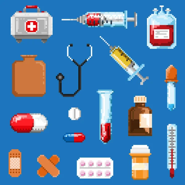 Un insieme di oggetti pixel associati alla medicina — Vettoriale Stock