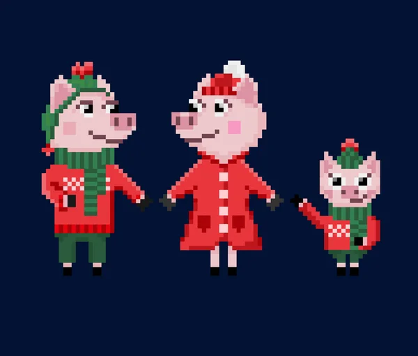 Familie Von Pixel Weihnachtsschweinen Warmer Kleidung Auf Dunkelblauem Hintergrund — Stockvektor