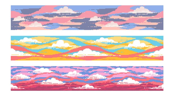 Un set di tre sfondi pixel. Cielo luminoso al tramonto con nuvole . — Vettoriale Stock