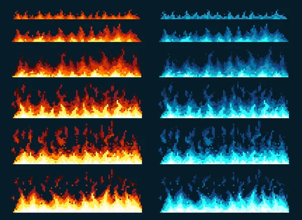 Φωτιά από εικονογραφικά pixel. Τα εικονίδια του παιχνιδιού είναι έτοιμα. Τα κόμικς έχουν επιπτώσεις στη φλόγα. Μπλε και κόκκινες φλόγες. — Διανυσματικό Αρχείο