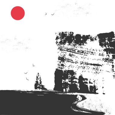 Denizin yanında kaya. Minimalist siyah beyaz manzara