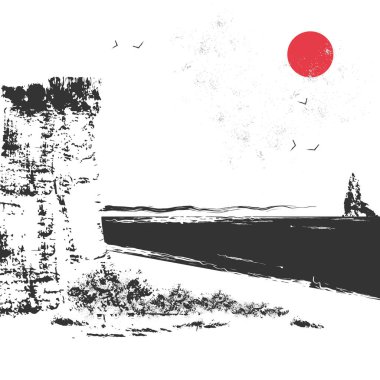 Denizin yanında kaya. Minimalist siyah beyaz manzara