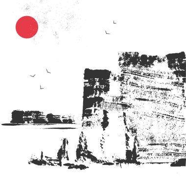 Kuşlarla gökyüzüne karşı kayalar.