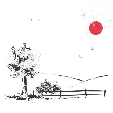 Tarlaların arka planındaki ağaçlar ve kuşlarla gökyüzü.