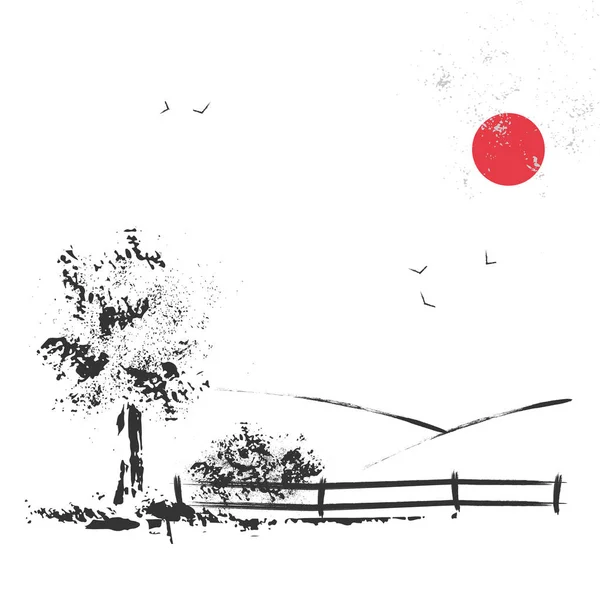 Tarlaların arka planındaki ağaçlar ve kuşlarla gökyüzü.