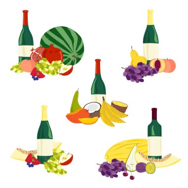Meyve ve şarap kompozisyonları. Vektör çizimi