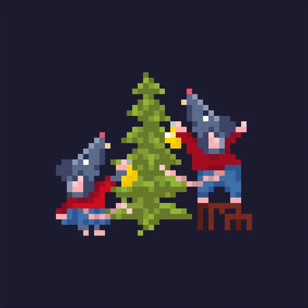 Ένα ζευγάρι χαριτωμένα εορταστικά ποντίκια στολίζουν το χριστουγεννιάτικο δέντρο με μπάλες. — Διανυσματικό Αρχείο