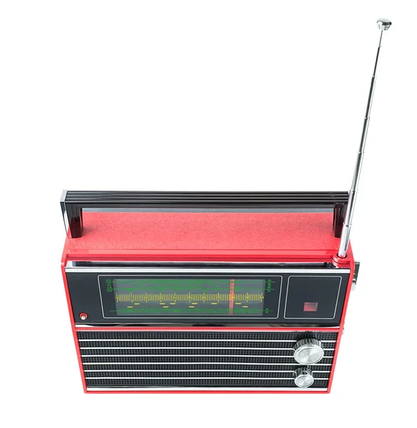 查看从旧的红色晶体管便携式无线电接收机与伸缩天线 在白色背景上被隔离 — 图库照片