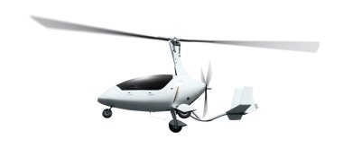 Uçuş dönen bir pervane ile autogyro. Beyaz arka plan üzerinde izole 