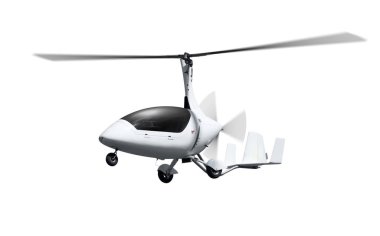 Autogyro uçuş dönen pervaneler. İzole ower beyaz arka plan 