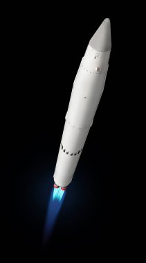 Uçan çok aşamalı alanı rocketwith yangın izi. Siyah bir arka plan üzerinde izole 