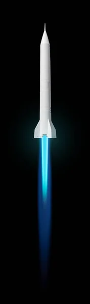 Repülő Többfokozatú Űrrakéta Vagy Légvédelmi Rakéta Tűzzel Fekete Alapon Elszigetelve — Stock Fotó