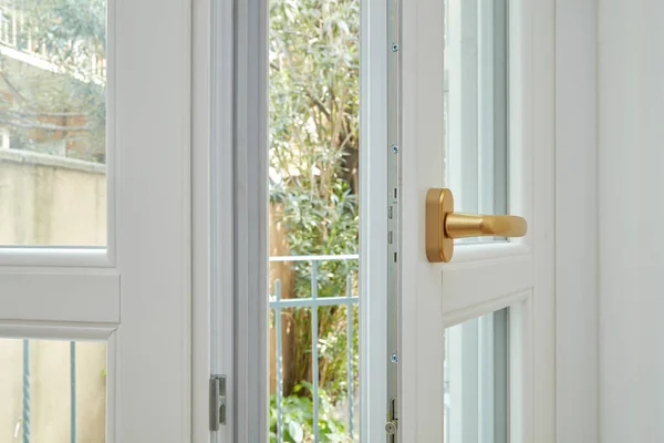 New White Double Glazed Open Window Golden Handle — Stock Photo, Image
