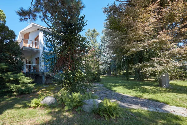 Villa with garden and stone tiled path in a sunny summer day, clear blue sky in Italy