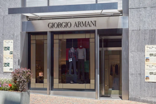 SANKT MORITZ, SWITZERLAND - AUGUST 16, 2018: Giorgio Armani luxury store in a sunny summer day in Sankt Moritz, Switzerland