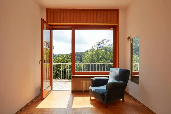 Sunny Room Interior Open Window Blue Velvet Armchair Country House — Stock Photo, Image