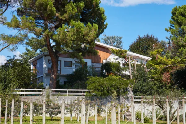 Villa con giardino e pini marittimi in una giornata estiva soleggiata, blu — Foto Stock