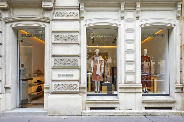 PARIS, FRANCE - JULY 22, 2017: Jil Sander fashion luxury store in Paris, France.