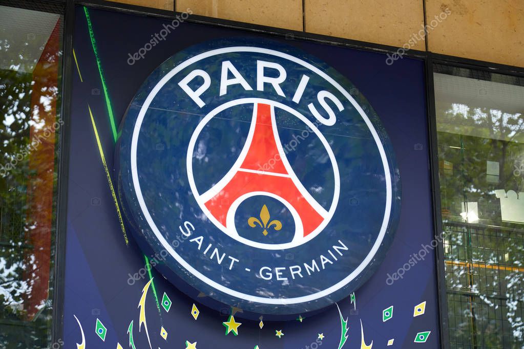 PARIS, FRANCE - JULY 22, 2017: Paris Saint Germain football team store sign in Champs Elysees in Paris, France.