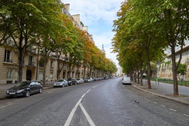 Paris, Fransa-23 Temmuz 2017: Paris, Fransa 'da yaz aylarında park edilen ağaçlar ve araba ile boş sokak
