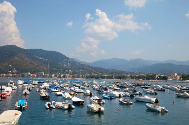 Italya 'da güneşli bir yaz gününde tekneler ile Sestri Levante Limanı