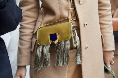 Milano - 22 Şubat: Gümüş fr ile altın kadife çanta ile Kadın