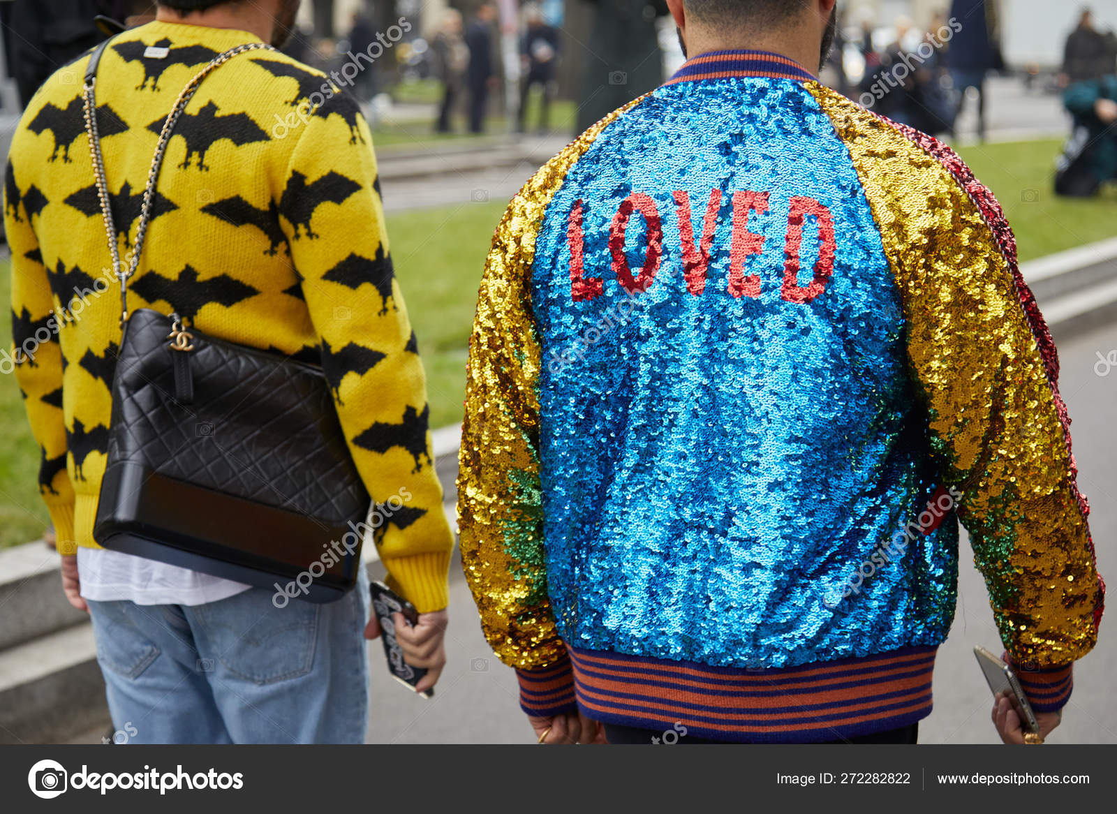 Men with yellow and blue sequin jacket and Chanel bag before