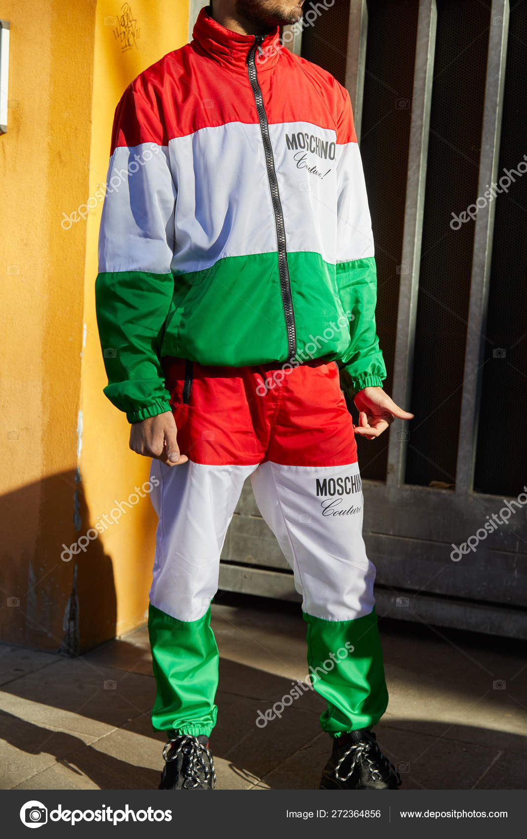 Man with Moschino suit with red, green and white Italian flag