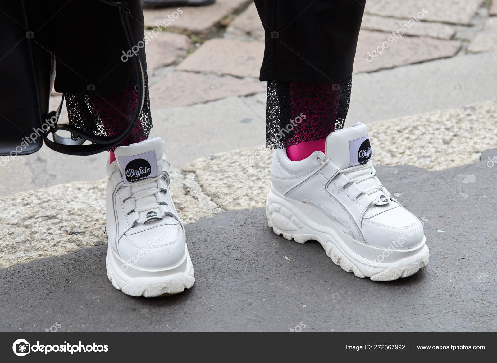 Man with white Buffalo shoes and pink socks before Frankie Morello fashion  show, Milan Fashion Week street style – Stock Editorial Photo © AndreaA.  #272367992