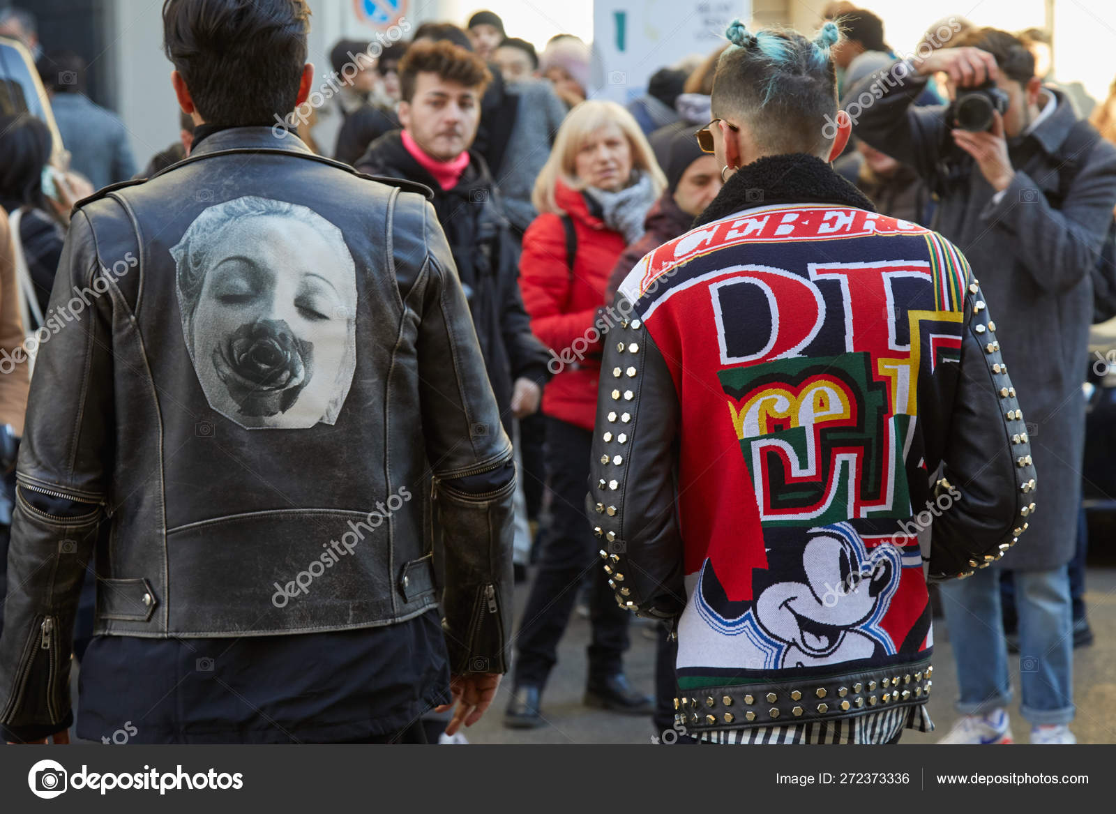 Men with black and red leather jackets before John Richmond