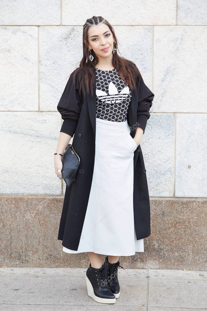 Woman wearing t shirt with adidas logo, Fashion Week, Milan