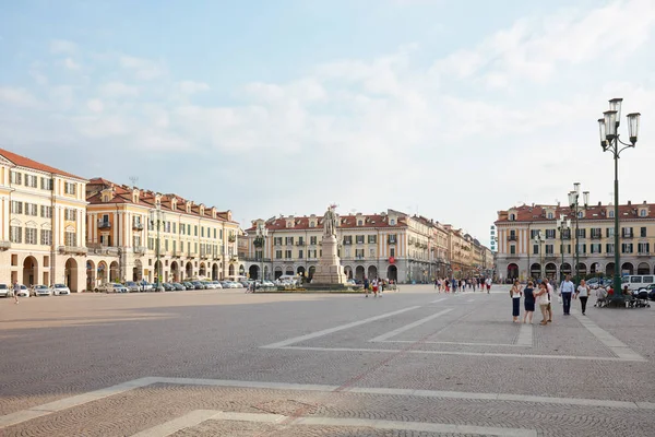 Galimberti square with people in a sunny summer day, blue sky in Cuneo, Italy. — Stock Photo, Image