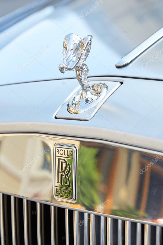 MONTE CARLO, MONACO - AUGUST 19, 2016: Rolls Royce gray luxury car statue and logo in a summer day in Monte Carlo, Monaco.