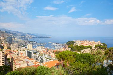 Monte Carlo Şehir yüksek açı deniz manzarası ve sahil bitki örtüsü ile Monte Carlo, Monako.