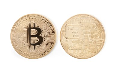 Bitcoin ön ve arka, altın paralar dahil izole üzerinde beyaz, kırpma yolu